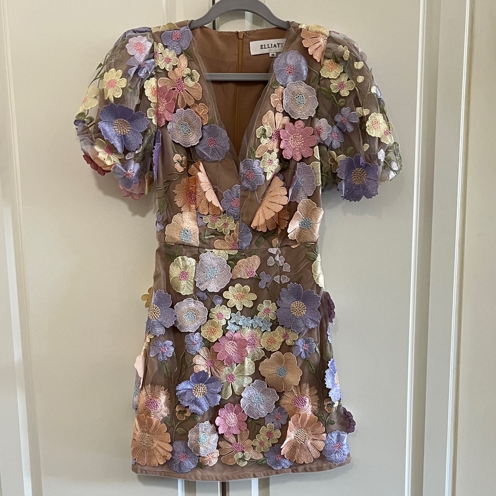 Elliatt Taupe Mini Dress with Pastel Floral Appliqués